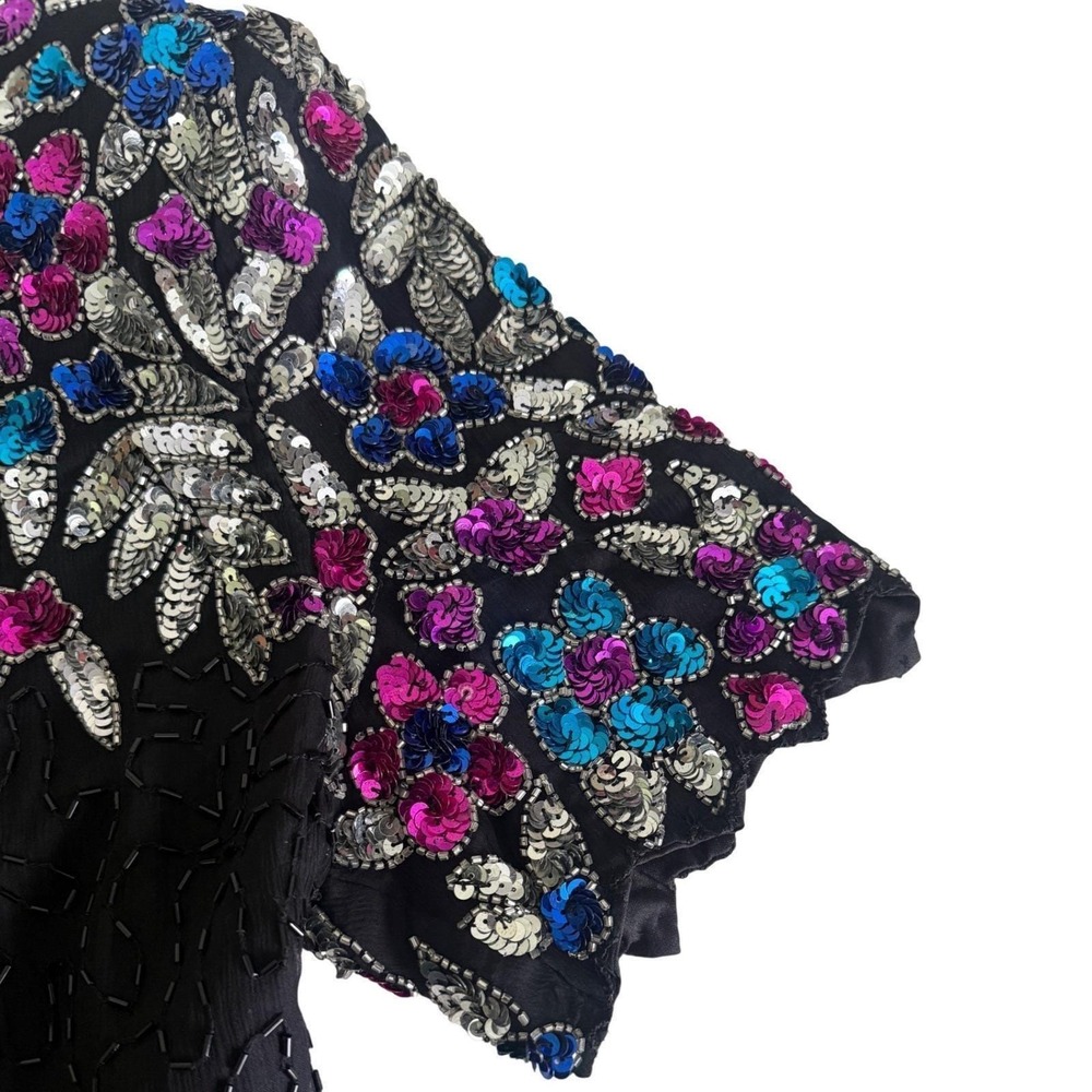 Vintage Silk Beaded Sequin Stenay Black Cocktail Dress Short Sleeve Evening Gown